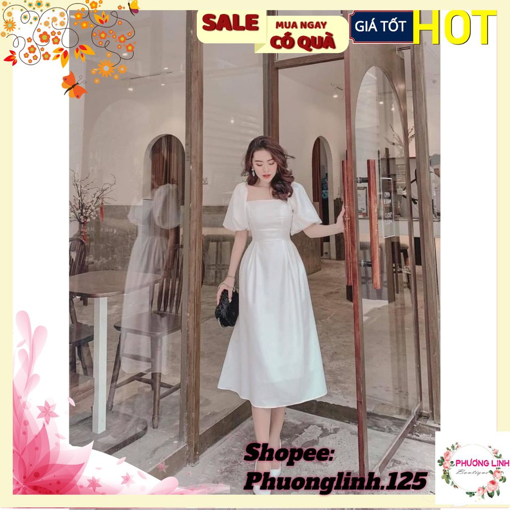 VÁY TRẮNG CỔ VUÔNG TAY BỒNG ĐAI EO | BigBuy360 - bigbuy360.vn