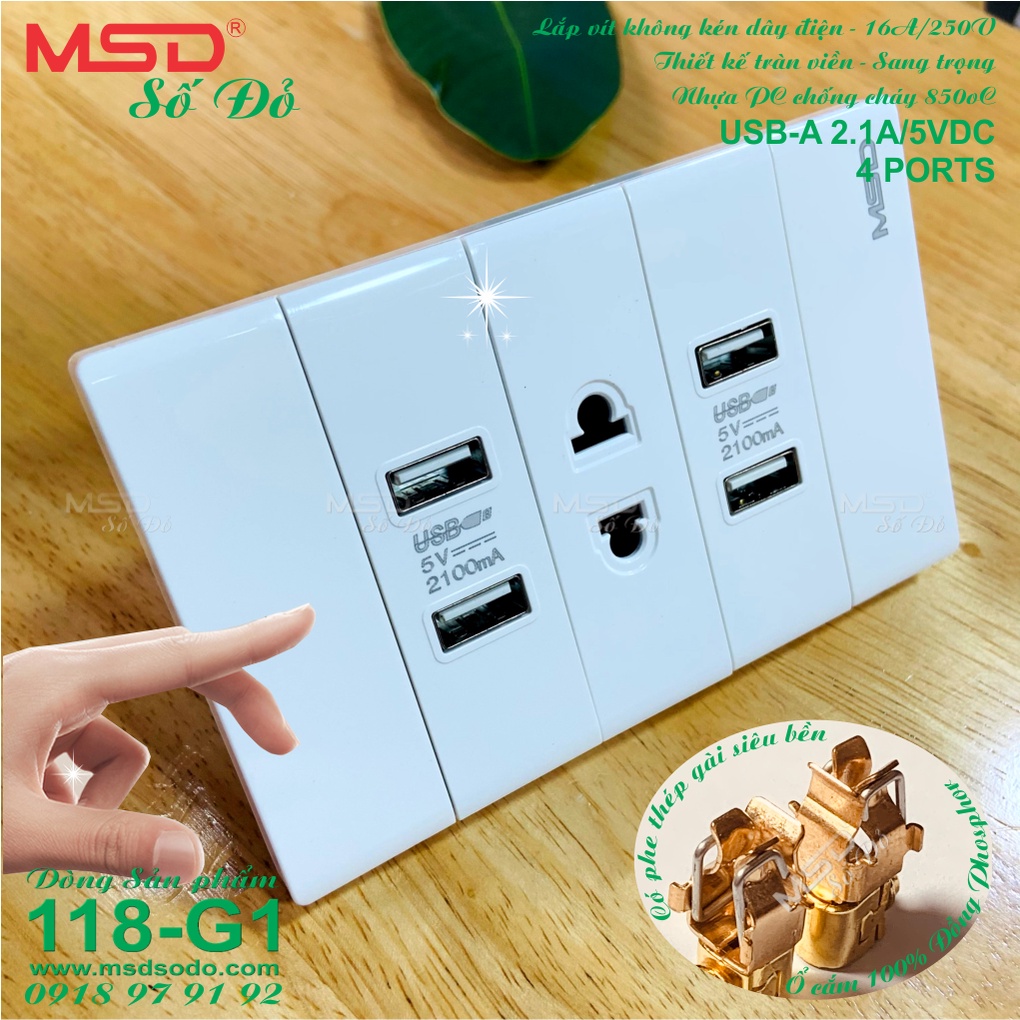 SẠC ĐIỆN THOẠI ÂM TƯỜNG 4 USB  2.1A/5VDC + 1 Ổ CẮM 2 CHẤU 16A/220V - SERAIL 118G1