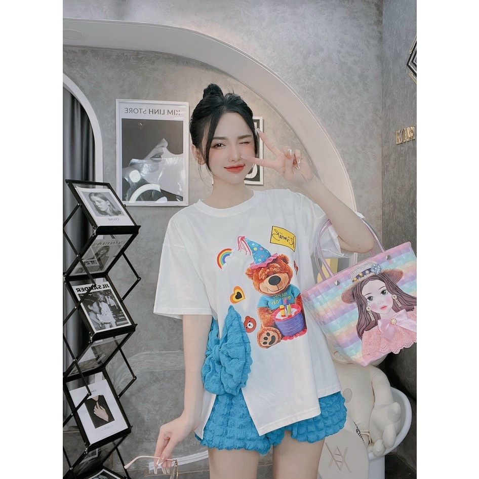 sét bộ đùi quần xốp phối áo thun in gấu xẻ ta nơ hot