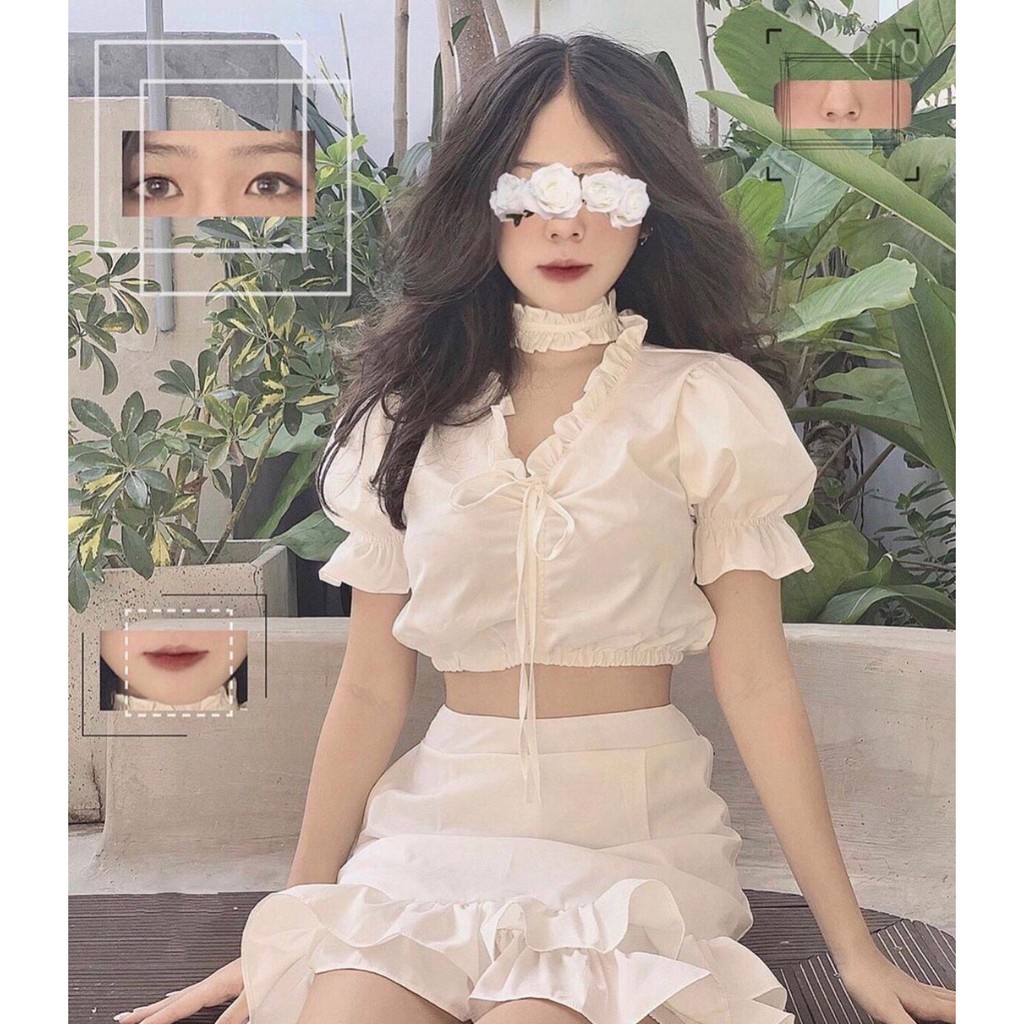 SET VÁY ÁO BÈO RÚT NGỰC CHÂN VÁY BÈO mix CHOCKER TRẮNG - Set Đồ MinTo Áo Croptop Body Chun Rút Kéo + Chân Váy Lưng Thun