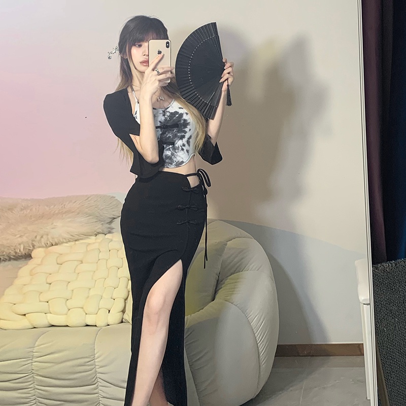 Kliou Chân Váy Midi Lưng Cao Ôm Dáng Thiết Kế Xẻ Tà Phong Cách Trung Hoa Cổ Điển Thời Trang Mùa Hè Cho Nữ