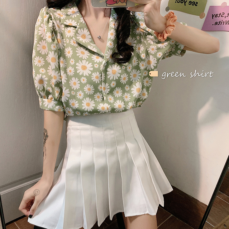 Áo sơ mi SUXI tay ngắn dáng rộng họa tiết hoa cúc phong cách Hàn Quốc thời trang dành cho nữ