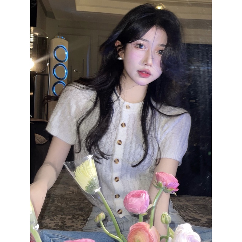 Porozi  Áo crop top  vải dệt kim mỏng tay ngắn dáng ôm phong cách Hàn Quốc dành cho nữ