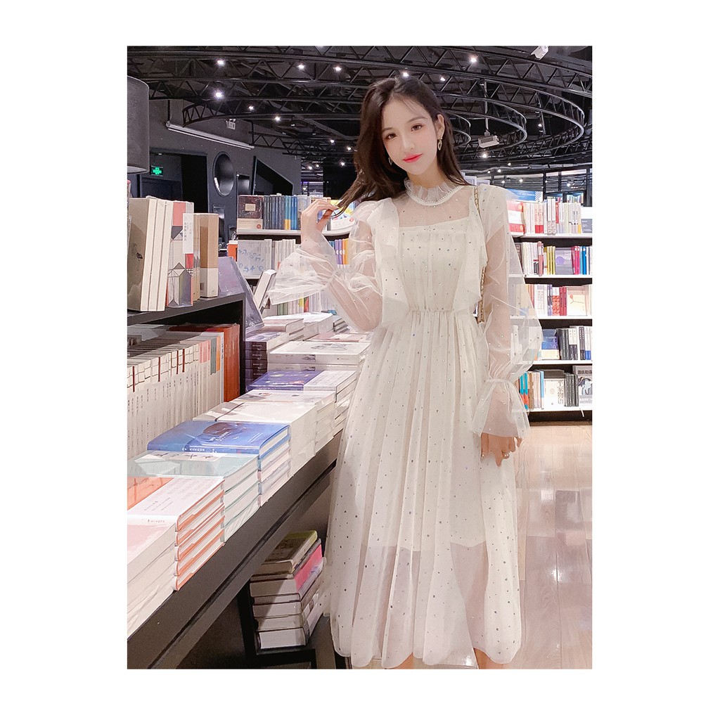 (Sẵn S, hồng XL) M03 - Đầm tiểu thư Ulzzang viền bèo cổ trụ phối lưới đính kim sa cực xinh có Bigsize (2 màu)