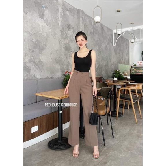 quần ống rộng [188]1 cúc dáng suông đứng vải tuyết mưa lưng cao cạp khóa không dãn 3 màu đen,nâu ,trắng[THUXINHSHOP]