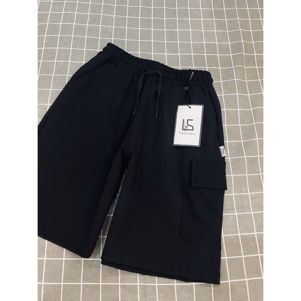 Quần short nam nữ Lylyshop chất umi cotton mịn lì kiểu quần đùi ống rộng unisex phối túi phong cách cá tính có size M,L