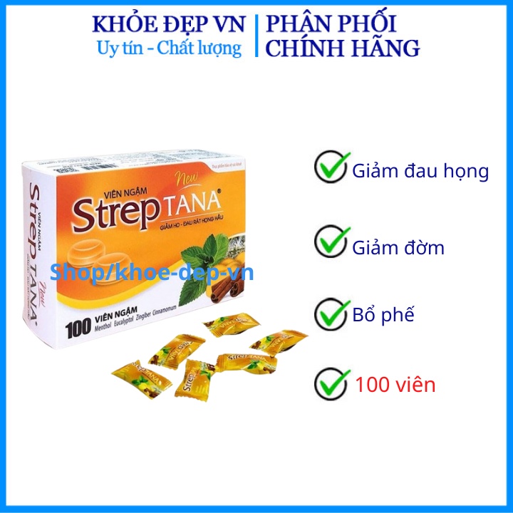 Hộp 100 viên ngậm ho thảo dược Streptana giảm ho , giảm ngứa cổ giảm viêm họng vị cam