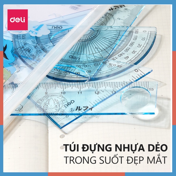 Bộ 4 dụng cụ eke học sinh Deli One Piece - 1 bộ eke thước kẻ đo góc tam giác vuông - màu ngẫu nhiên - EH17