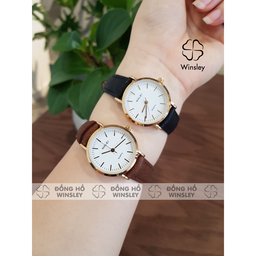 Đồng hồ đôi nam nữ dây da chính hãng Halei đeo tay cặp viền vàng chống nước thời trang
