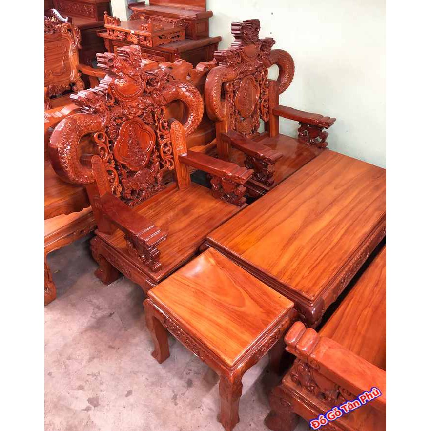 Bộ bàn ghế sa lông gỗ giá rẻ gỗ gõ đỏ Lào chạm rồng tay khuỳnh SA015