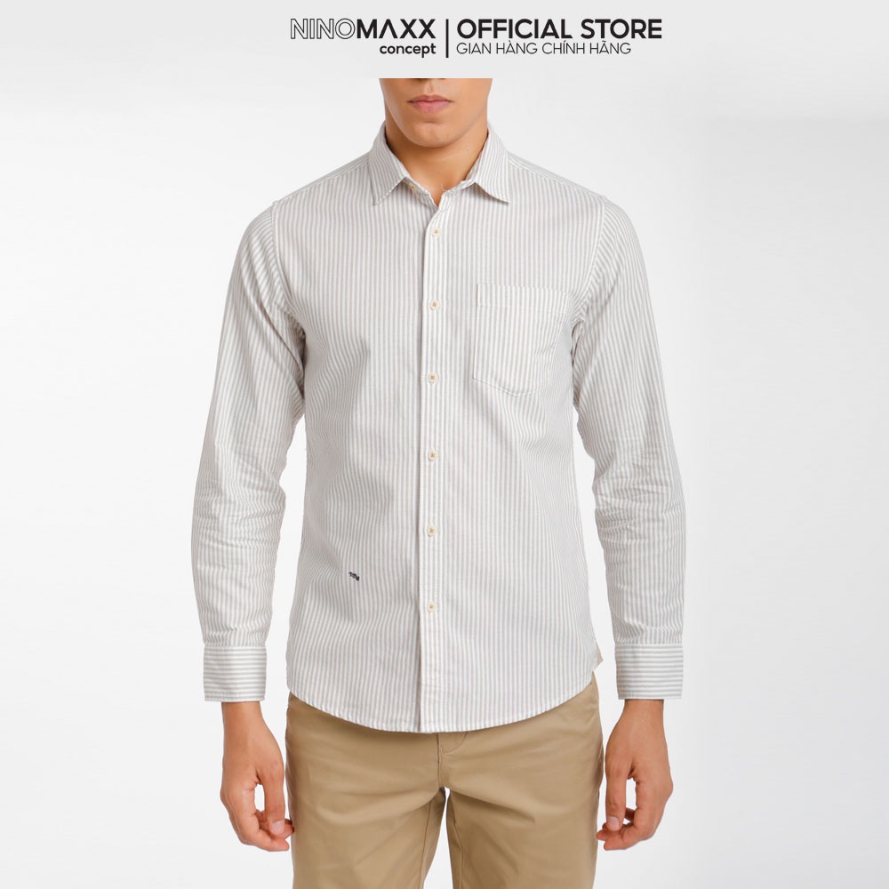 Ninomaxx Áo Sơ Mi Nam dài tay màu kem có họa tiết sọc 100% cotton 1911104