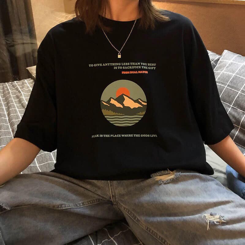 Áo thun in tay lỡ nữ freesize phông form rộng dáng Unisex - Ulzzang mặc cặp, nhóm, lớp hình NÚI DUAL MATCH màu đen