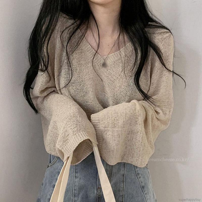 Áo sweater mỏng form rộng màu trơn trẻ trung xinh xắn cho nữ