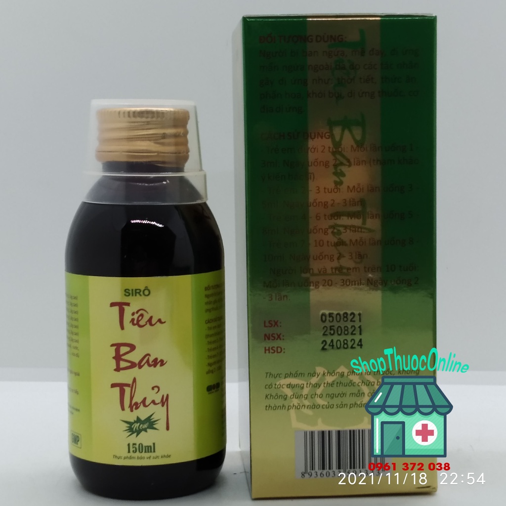 Tiêu Ban Thủy new chai 150ml - Hỗ trợ giảm dị ứng, mẩn ngứa, sẩn mề đay