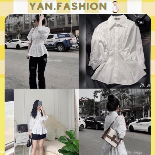 Áo Sơ Mi Trắng Thô Xếp Li Eo Tay Bồng Bánh Bèo Kiểu Dáng Công Sở YANFASHION