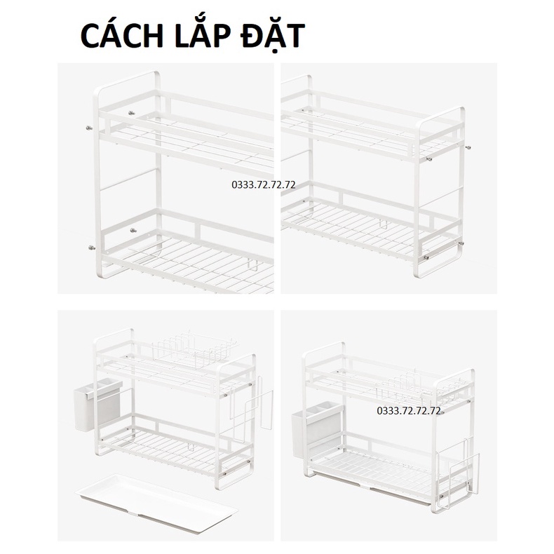 CAO CẤP - Giá úp bát đĩa 2 tầng có thể tách rời có khay hứng nước kèm ống đũa và để thớt