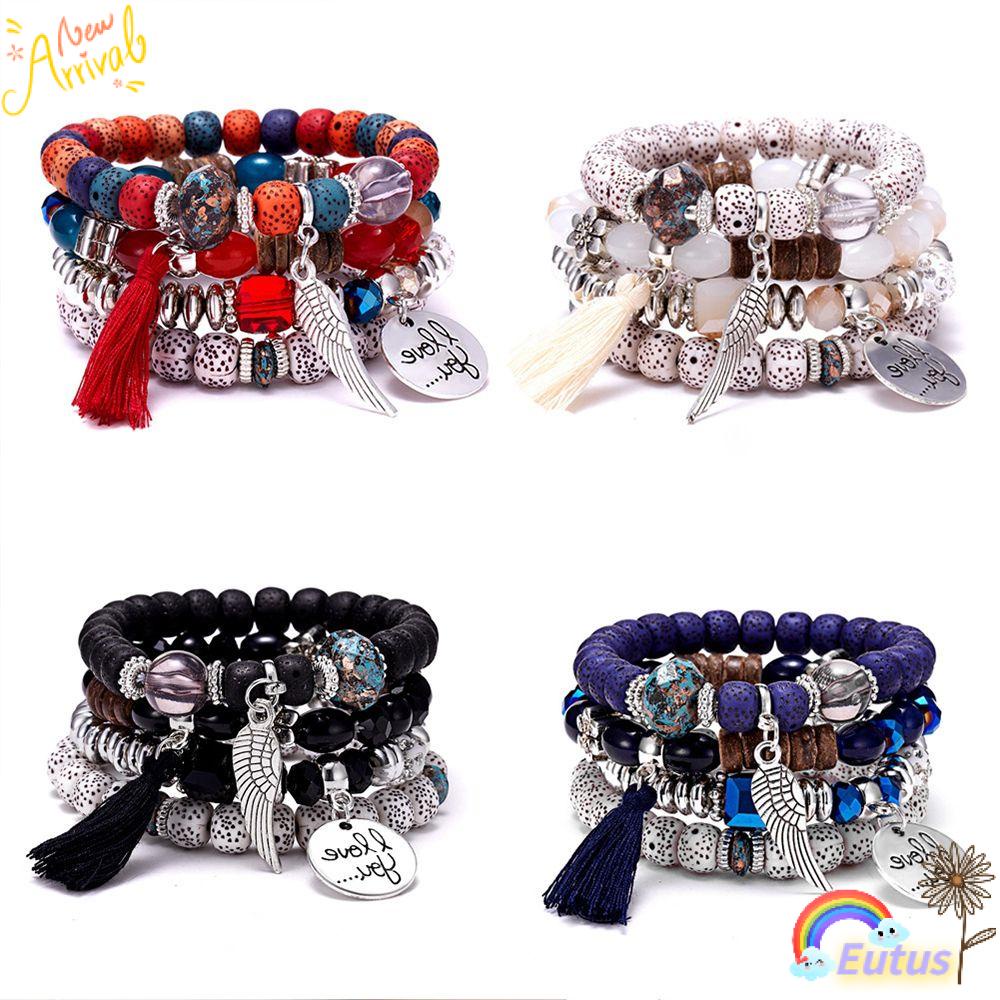 ❥EUCA❥ New Design Beaded Bracelet Set for Party Turquoise Bead Bangle Set Multilayer Stackable Bracelets Tassel Bangle Set Bohemian Style 4 Layers Gift for Women Summer Beach Jewelry