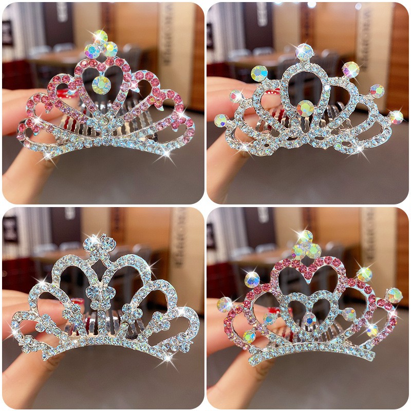 Cài tóc hình vương miện đính đá nhân tạo nhiều màu tùy chọn cho bé gái