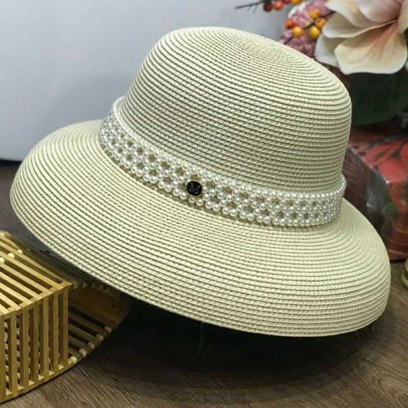 Mũ cói mũ dạ vành cụp  đai ngọc gắn chữ M siêu đẹp
