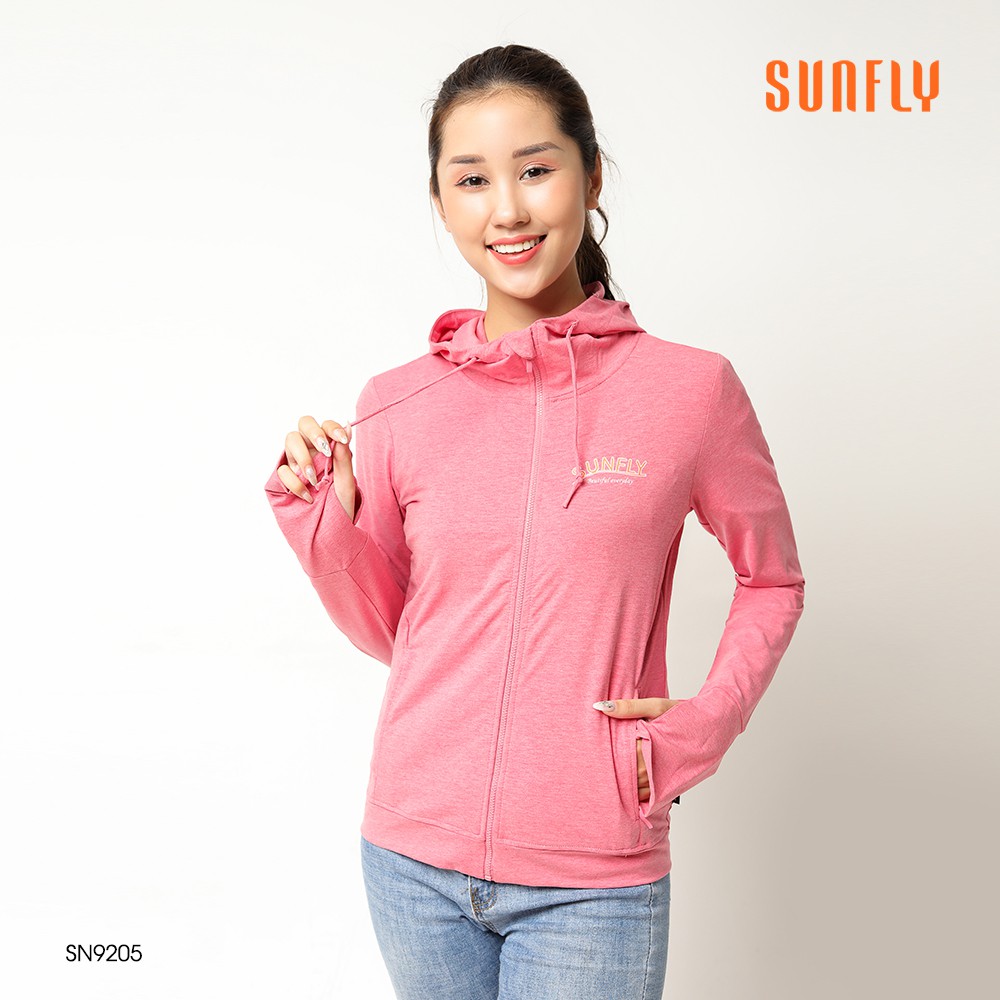 Áo chống nắng cotton Sunfly kéo khóa có mũ, cản tia UV, co giãn SA9205