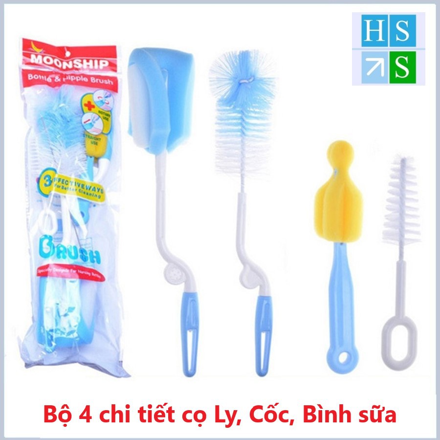 Bộ 4 chi tiết chổi cọ ly cốc, cọ bình sữa tiện lợi (Giao mầu ngẫu nhiên)