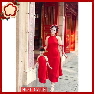 [Nhận quà tặng từ shop] Set Áo dài cách tân kèm chân váy mẹ và bé đỏ sang trọng nữ tính