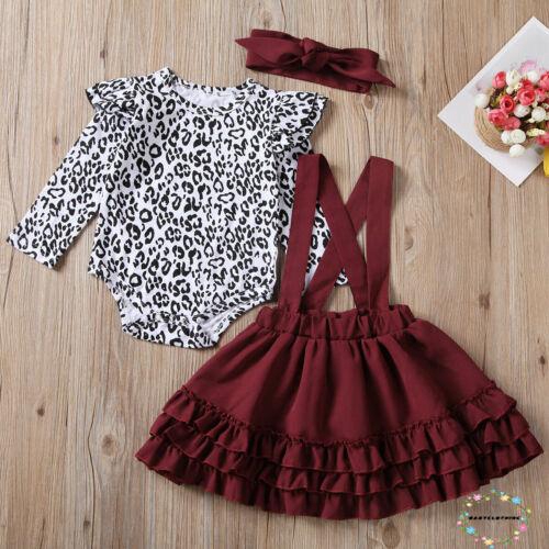 ღWSVღNewborn Kids Toddler Baby Girl Clothes Leopard Romper Bodysuit Ruffle Suspender Skirt Dress Outfit Set