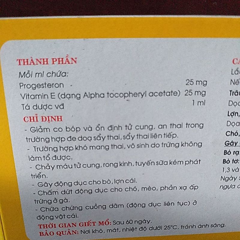 an thai progesterone, cho vật nuôi bị dọa sẩy thai, chấm dứt động dục cho chó mèo, ấp trứng ở gà, 1 ống