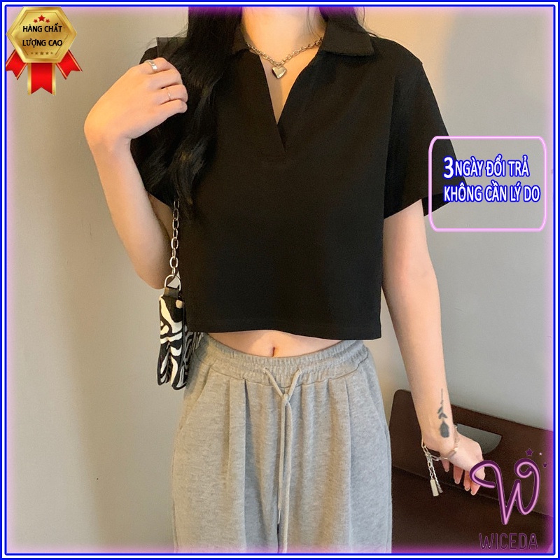 Áo polo croptop nữ 100% cotton mềm mịn,thoáng mát 2 màu đen trắng free size dưới 50kg Wiceda  Ct482