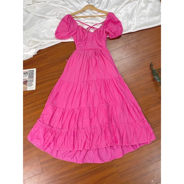 Đầm maxi hồng cánh tiên dáng dài 120cm hở lưng