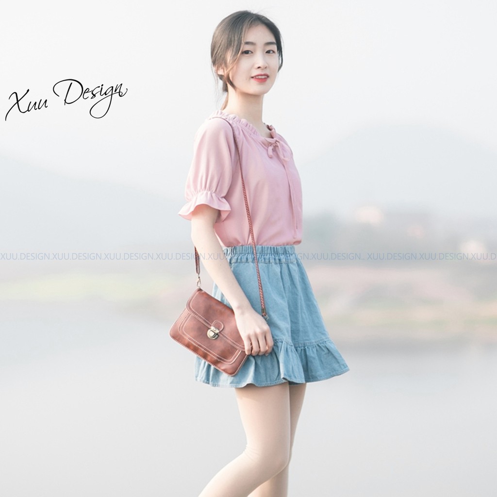 Áo sơ mi nữ công sở Xuu, chất vải lụa tay lỡ cổ bèo thắt nơ SP10