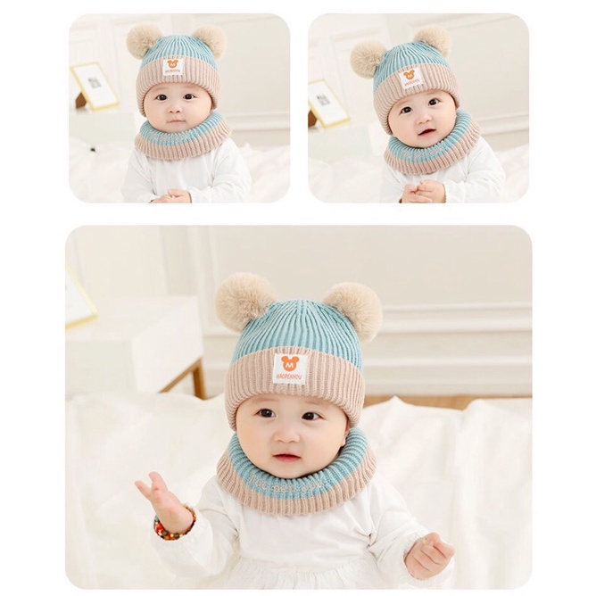 Mũ len kèm khăn cho bé + Set mũ khăn cho bé hàng hai lớp lót nỉ bên trong rất ấm