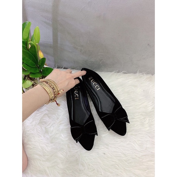 Giầy búp bê nữ mũi nhọn phối nơ nhung xiêu xinh