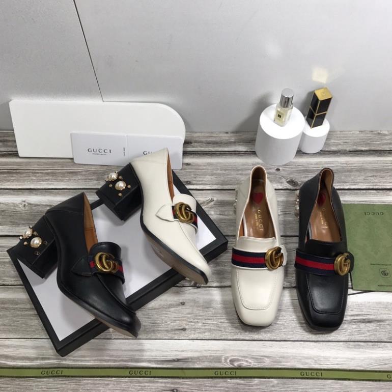 Giày lười nữ mũi vuông gót đính ngọc tr và đá thương hiệu Gucci GC da thật cao cấp 🌼