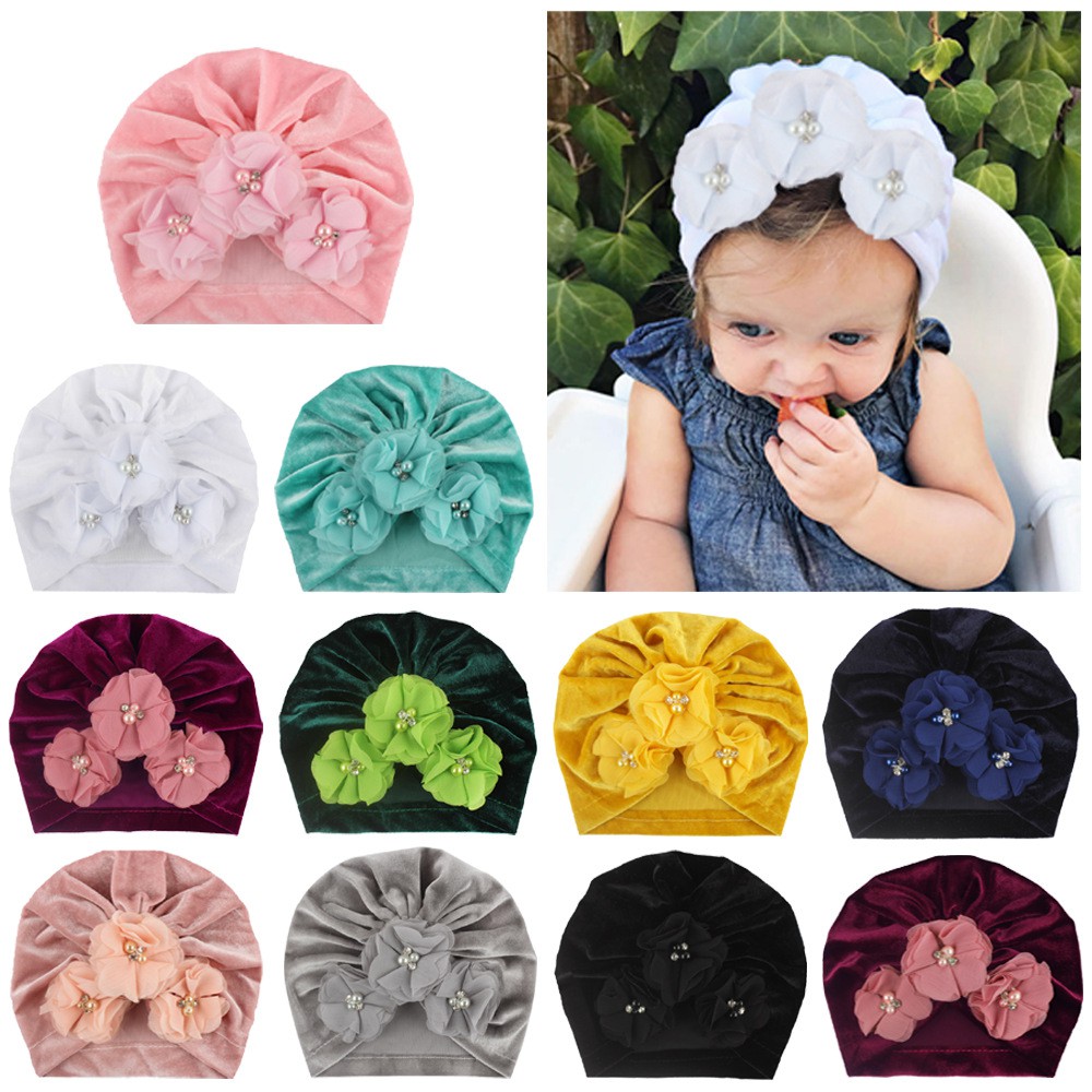 Mũ turban 3 hoa vải nhung cực yêu cho bé(3-24 tháng)