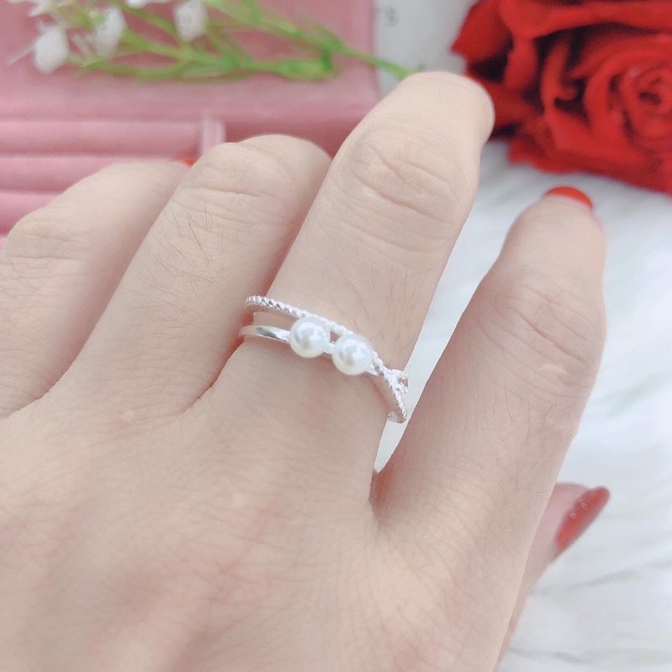 Nhẫn bạc nữ kiểu xoắn đính hạt trai nhân tạo, Nhẫn hở free size - Trang sức bạc Evasilver
