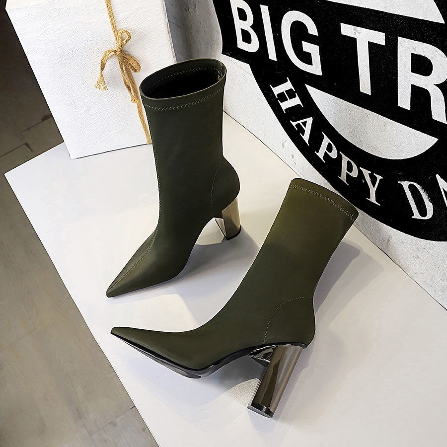 Mùa thu và đông 2020 giày mới của phụ nữ Martin ngắn khởi động kéo dài cao gót mỏng ống dày trung