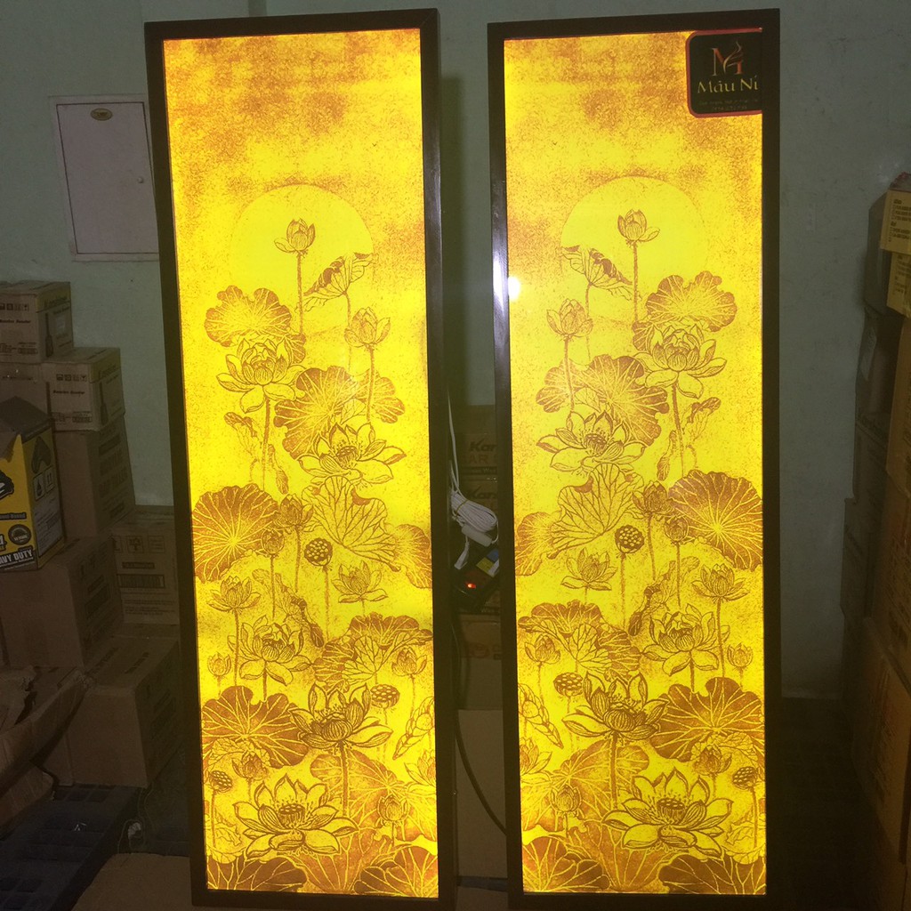 Tranh trúc chỉ in MÂU NI, cặp 2 vách 41x127cm, Sen hội tụ [Tủ thờ đẹp cần có ]