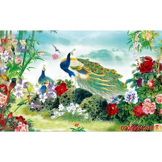 TRANH DÁN TƯỜNG 3D CHIM CÔNG,TRANH CHIM KHỔNG TƯỚC VÀ HOA MẪU ĐƠN