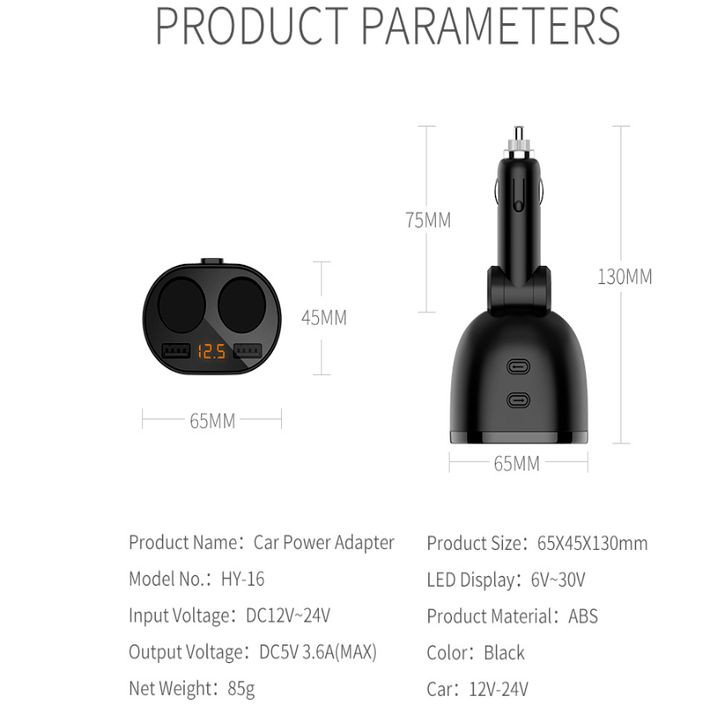 Bộ chia tẩu sạc điện thoại trên ô tô nhãn hiệu Hyundai HY-16 Chia 2 cổng sạc usb và 2 cổng tẩu sạc - Bảo hành 6 tháng