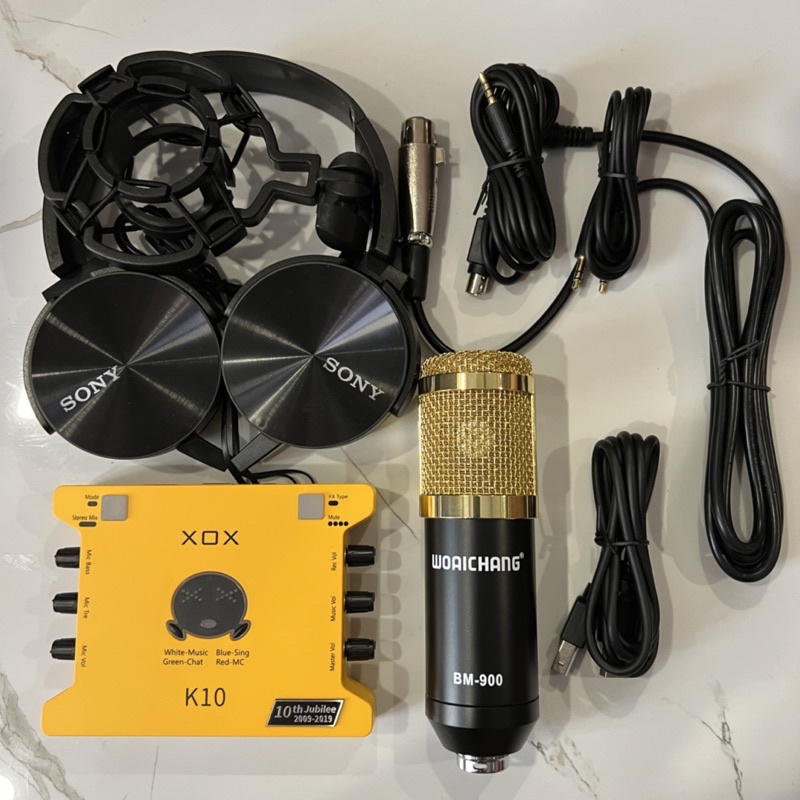 COMBO bộ mic livestream hát karaoke BM900, card xox k10, dây livestream loại tốt, chân kẹp míc, màng lọc âm tai nghe 450