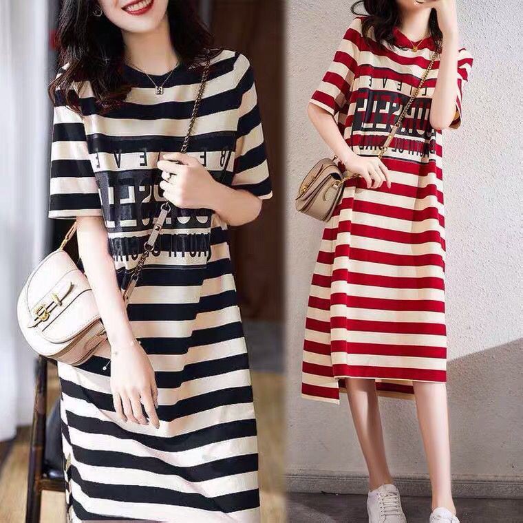 Đầm Thun Dài Dáng Chữ A Tay Lửng Họa Tiết Kẻ Sọc Một Mảnh Thời Trang Mùa Hè Phong Cách Hàn Quốc Dành Cho Nữ