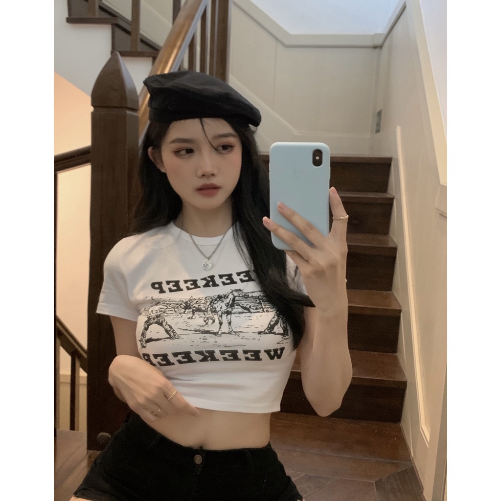 Áo thun nữ ngắn tay in hình phong cách retro năng động cho nữ