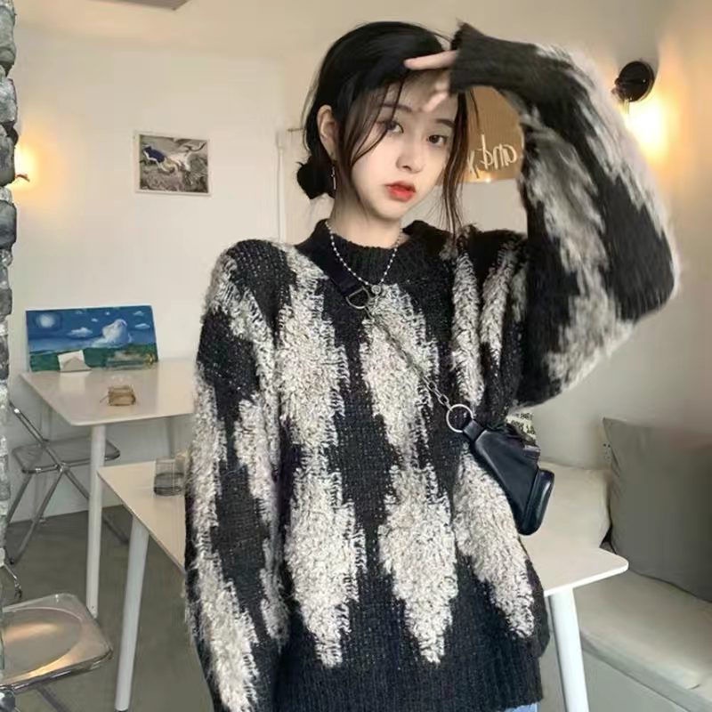 Áo Sweater Dáng Rộng Họa Tiết Sọc Caro Phong Cách Retro Nhật Bản Cho Nữ