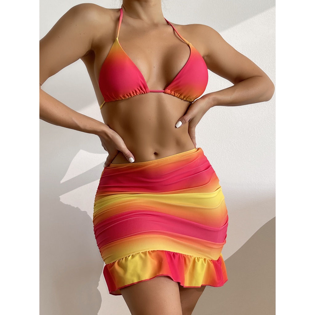 [BKN1503] &lt;ÂU&gt; SET BIKINI 3 MÓN OMBRE VÀNG ĐỎ KÈM CHÂN VÁY ĐUÔI CÁ