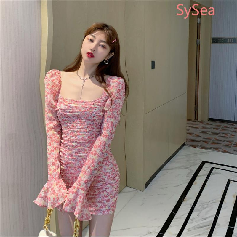 Đầm Hoa Tay Dài Cổ Vuông Kiểu Retro Pháp Thời Trang Mùa Hè Cho Nữ