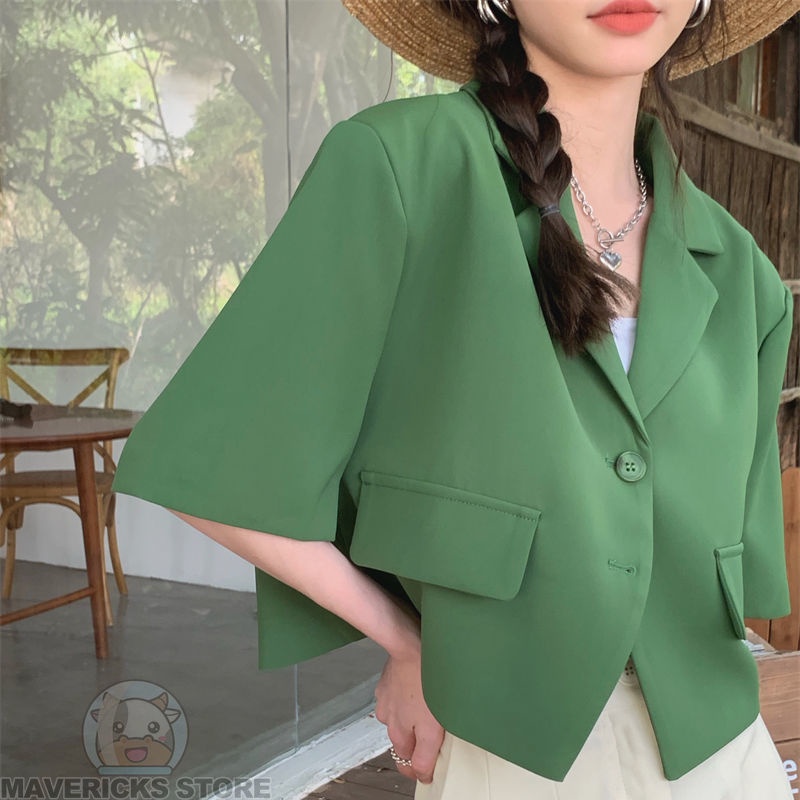 Áo Khoác Ngắn Tay Dáng Ngắn Màu Xanh Lá Thời Trang Xuân Hè Phong Cách Hàn Quốc Hàng Mới Dành Cho Bạn Nữ 2022