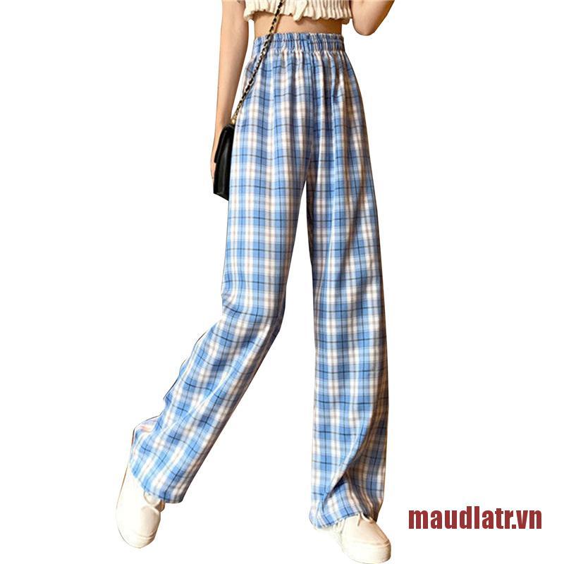 ATRMA Retro Plaid Wide-leg Pants Women Plaid Loose High Waist Wide Leg Long Trou