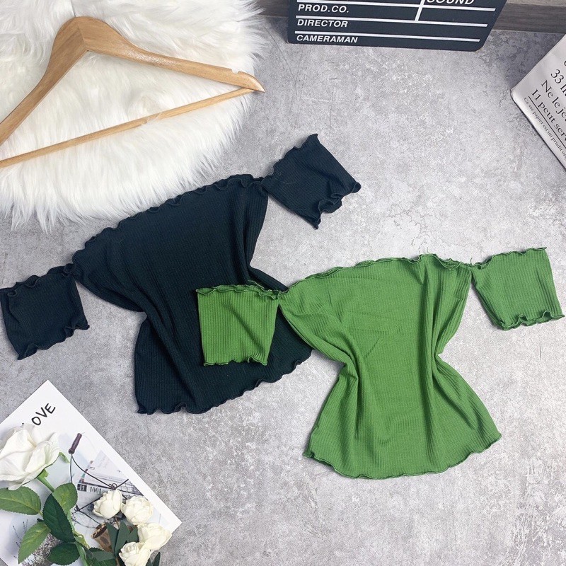 Áo croptop trễ vai , cuốn biên , chất thun gân mềm mịn ôm body khoe dáng