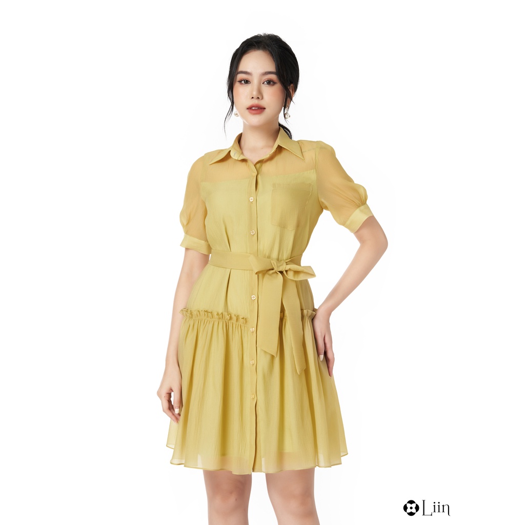 Đầm sơ mi nữ linbi chất vải tơ cao cấp hàng thiết kế trẻ trung mix kèm nơ eo mặc tôn dáng liin clothing D6571